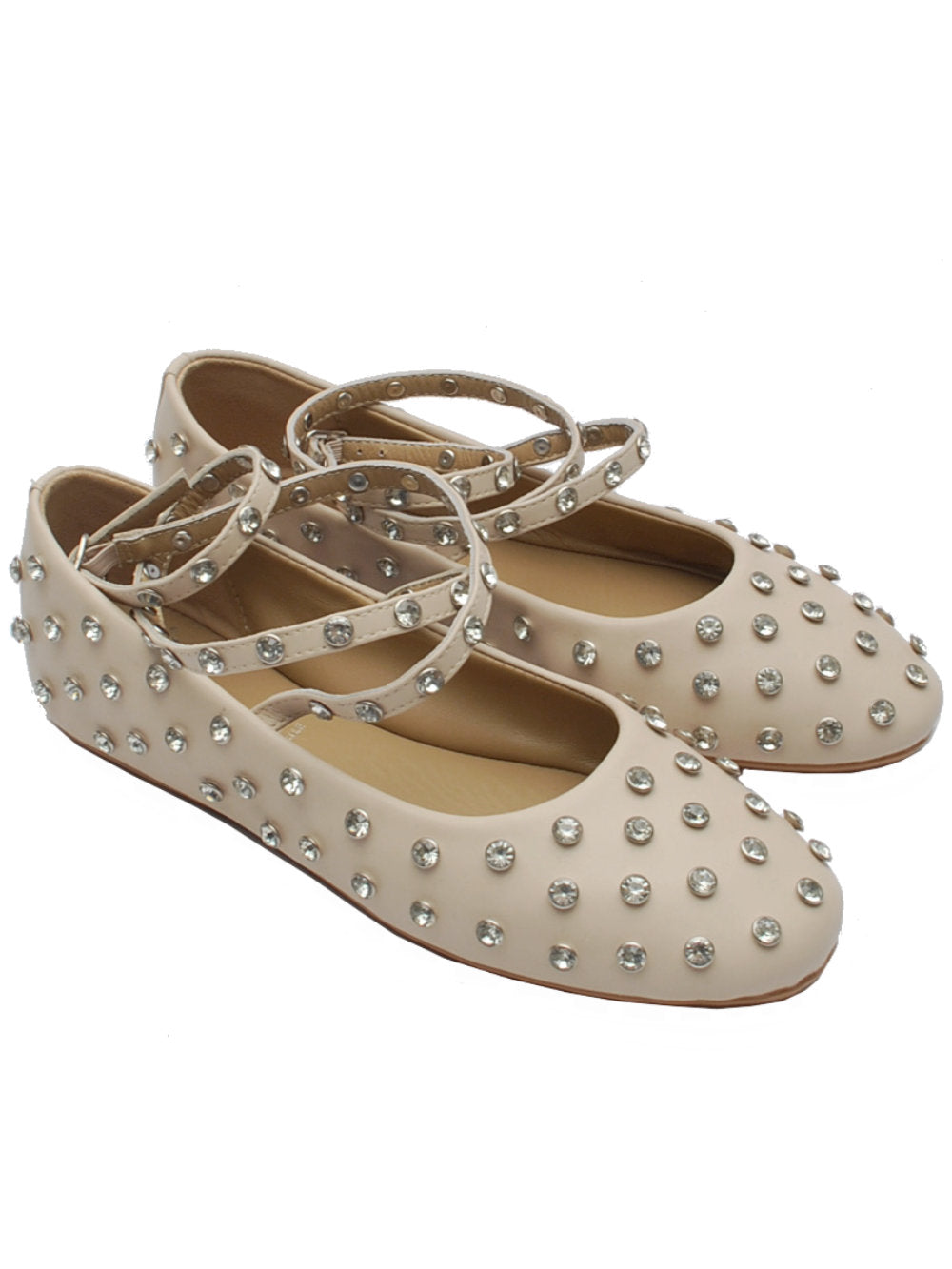 EKP Ballerina 3917K Pelle Beige con Cristalli e Cinturino Caviglia Pe25 Calzature Nucca