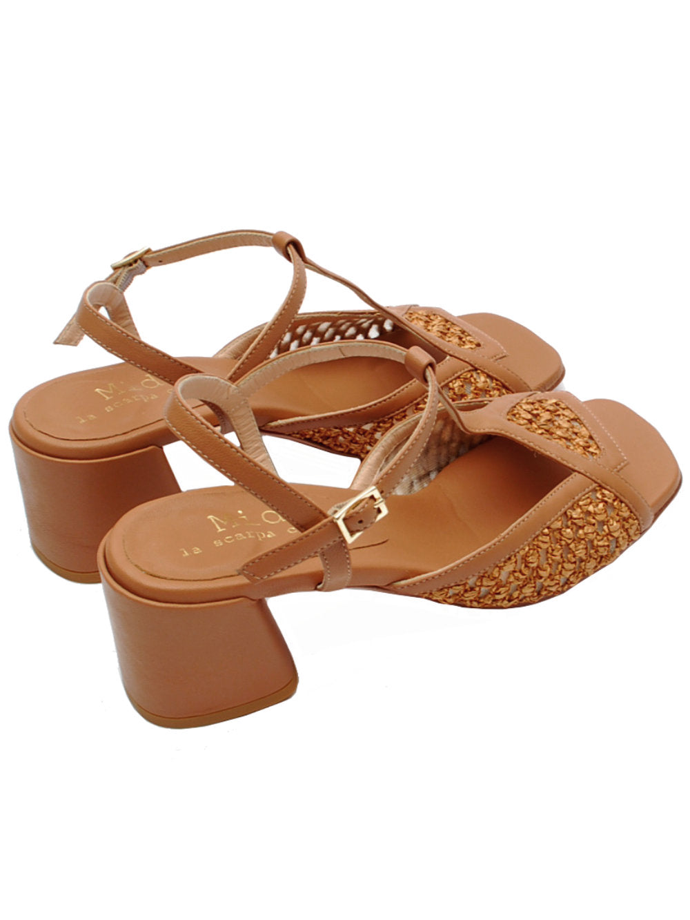 Midare Sandalo 85 Nappa e Rafia Cuoio | Tacco 5cm | Artigianale Made in Italy Pe25 | Calzature Nucca