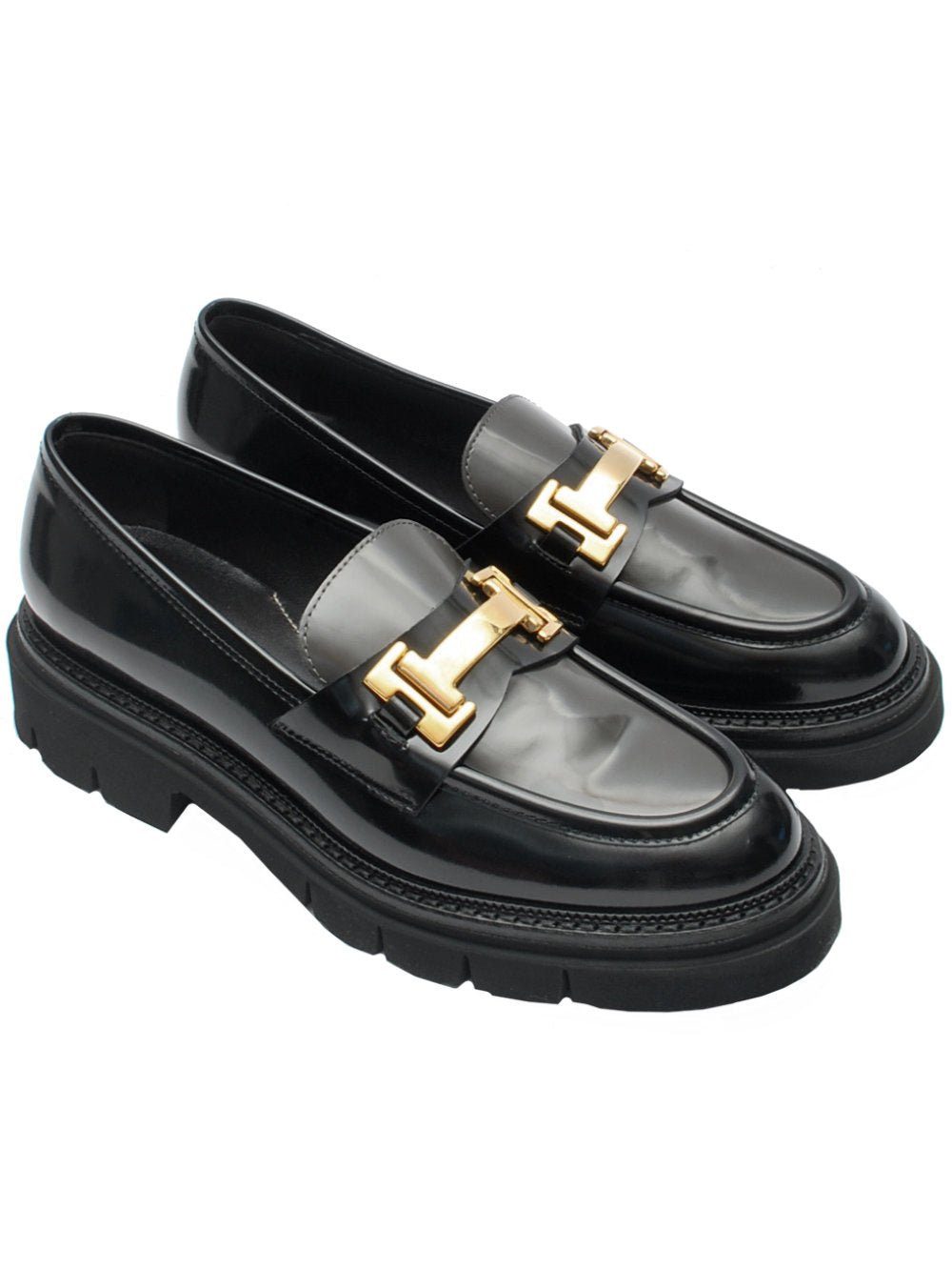 Mocassino Donna 13 Vestreet 413 - Vitello Lucido Nero con Barra Dorata Ai25 - Calzature Nucca