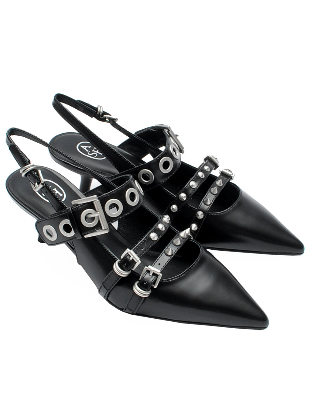 Slingback Ash Babel Pelle Nera Spazzolata con Cinturini e Borchie Pe25 - Calzature Nucca