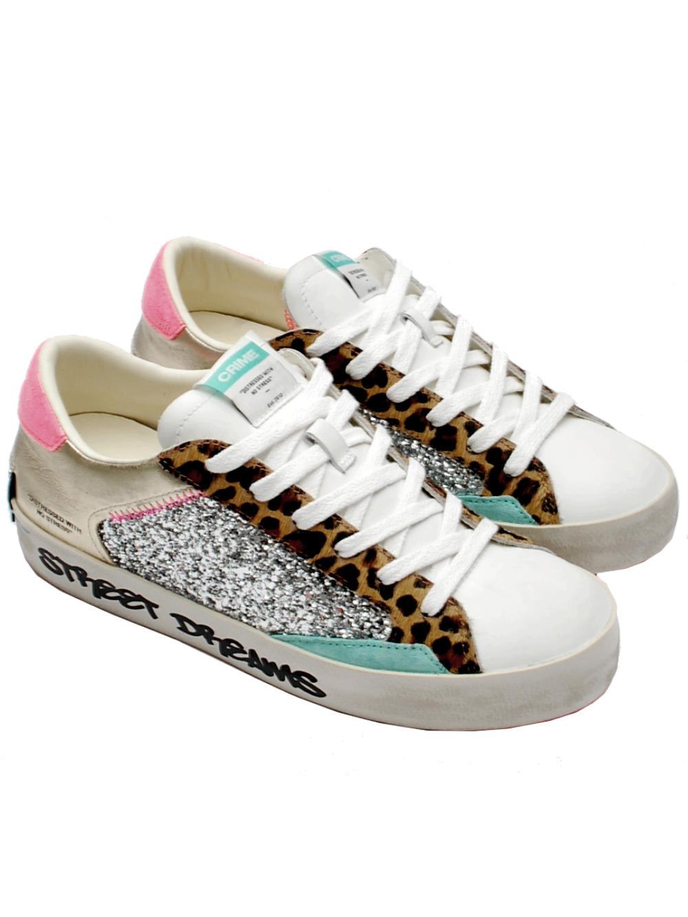 Sneakers Donna Crime London Distressed Bianco animalier glitter 20004 PE25 - Calzature Nucca - San Bonifacio